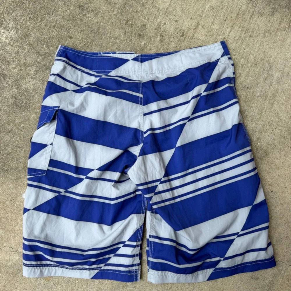 Oakley Mens Board Shorts Blue White Striped Geometric Swim Trunks Size 32